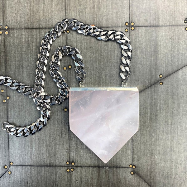 RESERVED Extra Large Rose Quartz Crystal Point Necklace ~ Flat Pentagon Rose Quartz Crystal Point Necklace ~ Crystal of Love