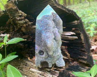 Angel Aura Obelisk Druzy Crystal Faerie House ~ Carved Quartz Cluster Fairy Door ~ Miniature Garden Obelisk Quartz Point House ~ Gnome Home