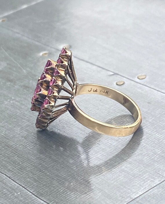 Large Antique Ruby Cluster Pyramid 14K Gold Ring … - image 7