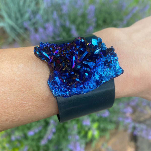 Cobalt Aura Crystal Quartz Cluster Cuff Bracelet~Blackened Copper Crystal Bracelet~Statement Crystal Points Quartz Cuff