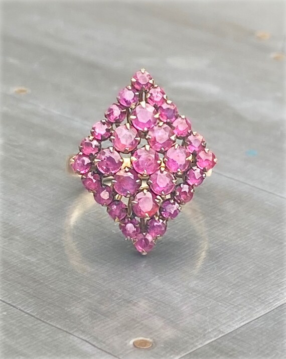 Large Antique Ruby Cluster Pyramid 14K Gold Ring … - image 2