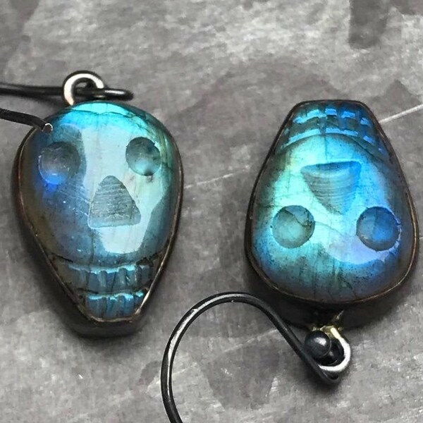 Labradorite Skull Earrings~Deep Blue Fire Sterling Earrings~Skull Flash Earrings