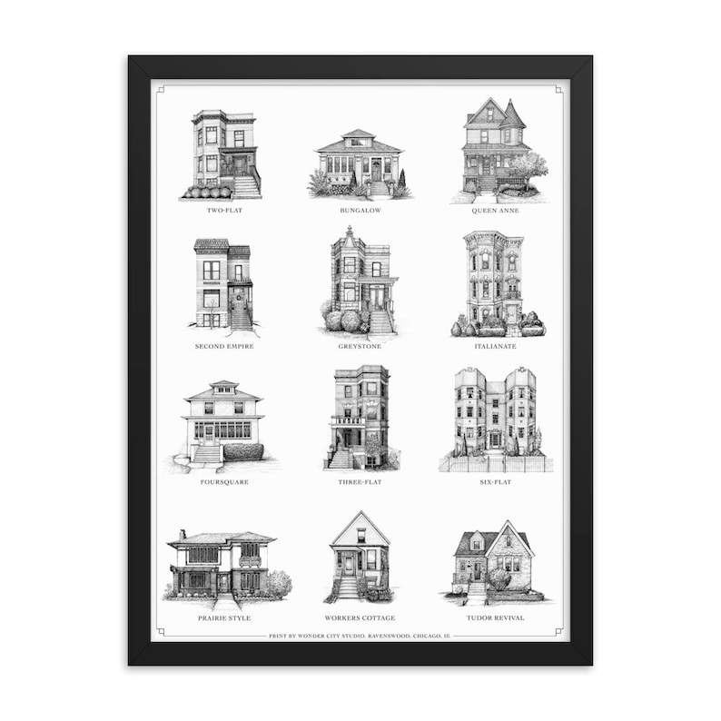 Chicago Home Styles Print, Chicago Wall Art Guide to Chicago Neighborhood Architecture image 1