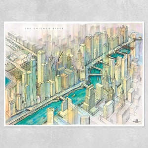 The Chicago River: Print | Illustrated Poster of Chicago's Downtown ...