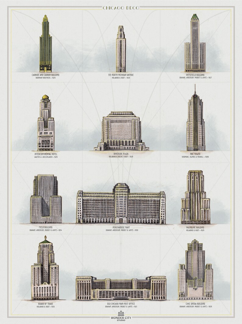 K&ouml;nnte beinhalten: Eine Vintage-Illustration von zehn Chicagoer Art-Deco-Geb&auml;uden, darunter das Carbide and Carbon Building, das 355 North Michigan Avenue, das Intercontinental Hotel, Riverside Plaza, das Field Building, das Merchandise Mart, das Palmolive Building, das Board of Trade, das Old Chicago Main Post Office und das Civic Opera Building.