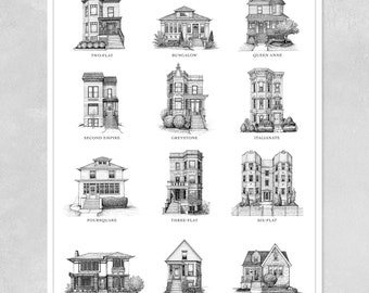Chicago Architecture Print: Home Styles Guide, Neighborhood Art