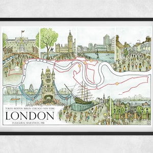 May include: A colorful illustration of the London Marathon route, featuring iconic landmarks like Buckingham Palace, Big Ben, Tower Bridge, and the River Thames. The map shows the course of the inaugural marathon in 1981, with runners depicted along the route. The text "LONDON INAUGURAL MARATHON, 1981" is displayed at the bottom.