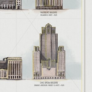 K&ouml;nnte beinhalten: Eine Aquarellillustration von zwei hohen Geb&auml;uden in Chicago. Das Palmolive Building, entworfen von Holabird & Root, wurde 1929 erbaut. Das Civic Opera Building, entworfen von Graham, Anderson, Probst & White, wurde ebenfalls 1929 erbaut.