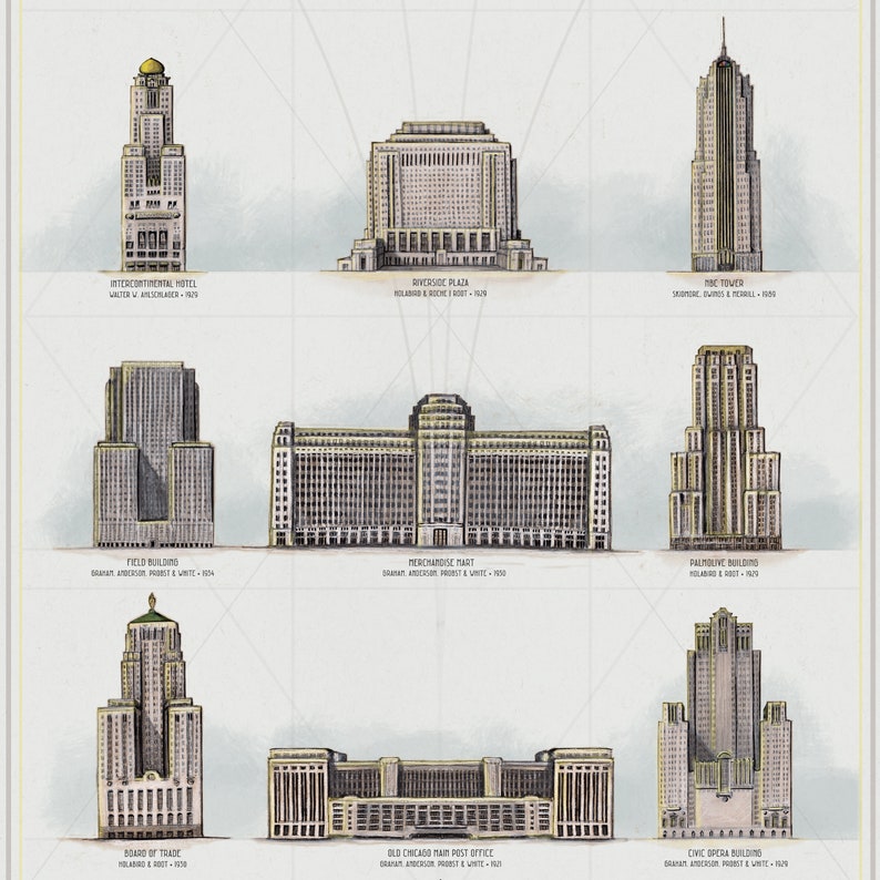 K&ouml;nnte beinhalten: Eine Vintage-Illustration von zehn Wolkenkratzern in Chicago, darunter das Intercontinental Hotel, Riverside Plaza, das Field Building, das Merchandise Mart, das Palmolive Building, die B&ouml;rse, das Alte Hauptpostamt von Chicago, das Civic Opera Building und der Tribune Tower. Jedes Geb&auml;ude ist mit seinem Namen, dem Architekten und dem Baujahr gekennzeichnet.