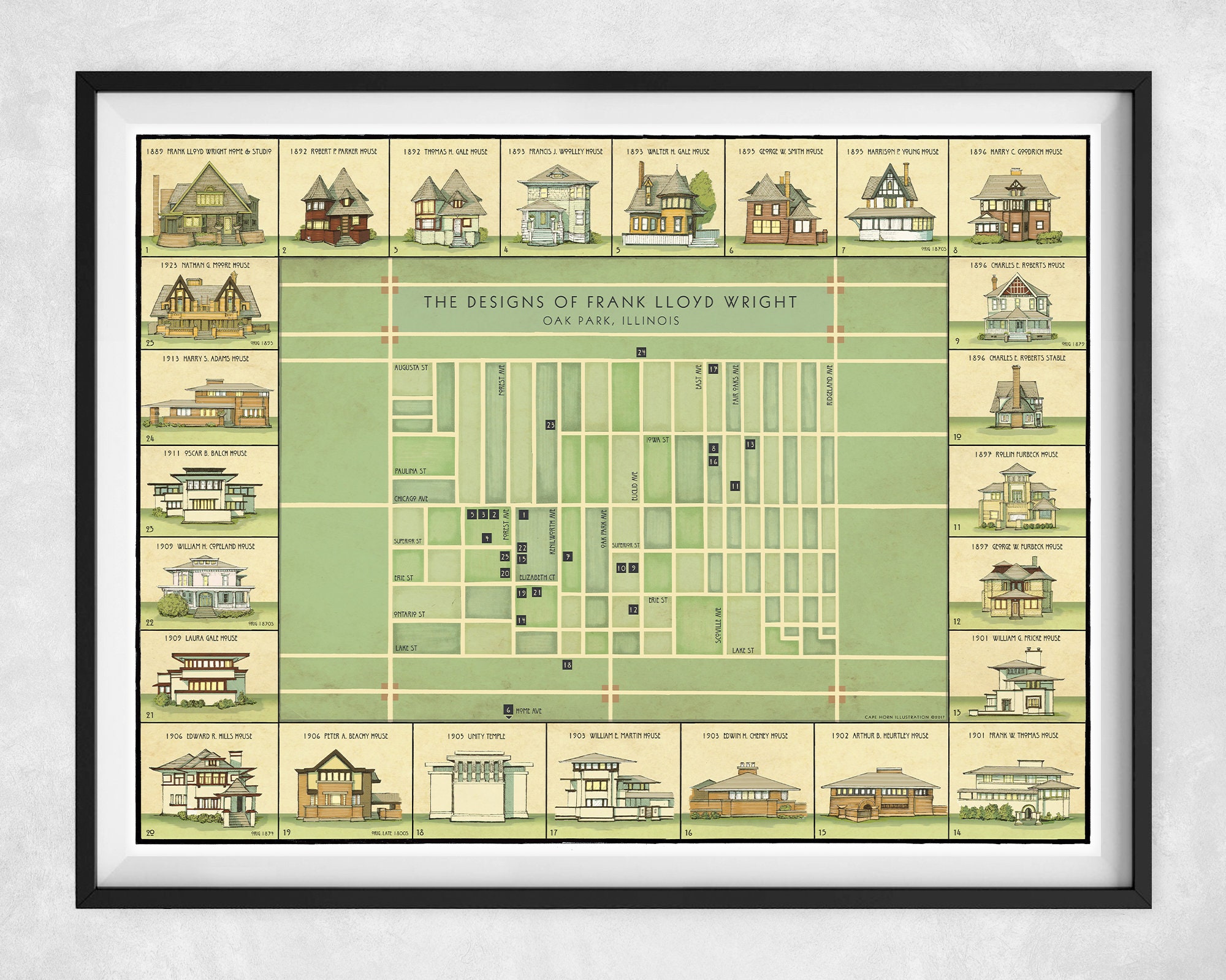 Frank Lloyd Wright Houses Map Map Of Frank Lloyd Wright Homes In Oak Park Evolution Of | Etsy Canada