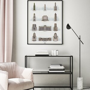 K&ouml;nnte beinhalten: Eine Schwarzwei&szlig;illustration von 10 Wolkenkratzern mit dem Text "The Tallest Buildings" oben. Die Illustration ist gerahmt und h&auml;ngt an einer wei&szlig;en Wand &uuml;ber einem schwarzen Regal mit B&uuml;chern und Dekorationsgegenst&auml;nden.