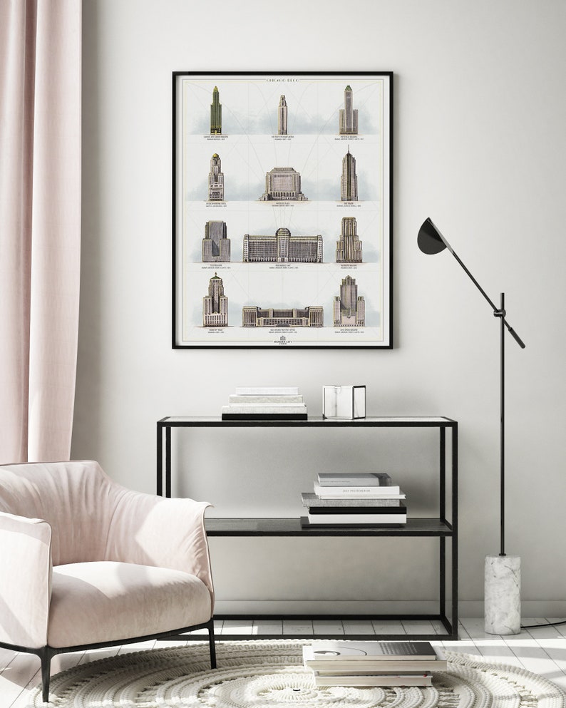 K&ouml;nnte beinhalten: Eine Schwarzwei&szlig;illustration von 10 Wolkenkratzern mit dem Text "The Tallest Buildings" oben. Die Illustration ist gerahmt und h&auml;ngt an einer wei&szlig;en Wand &uuml;ber einem schwarzen Regal mit B&uuml;chern und Dekorationsgegenst&auml;nden.