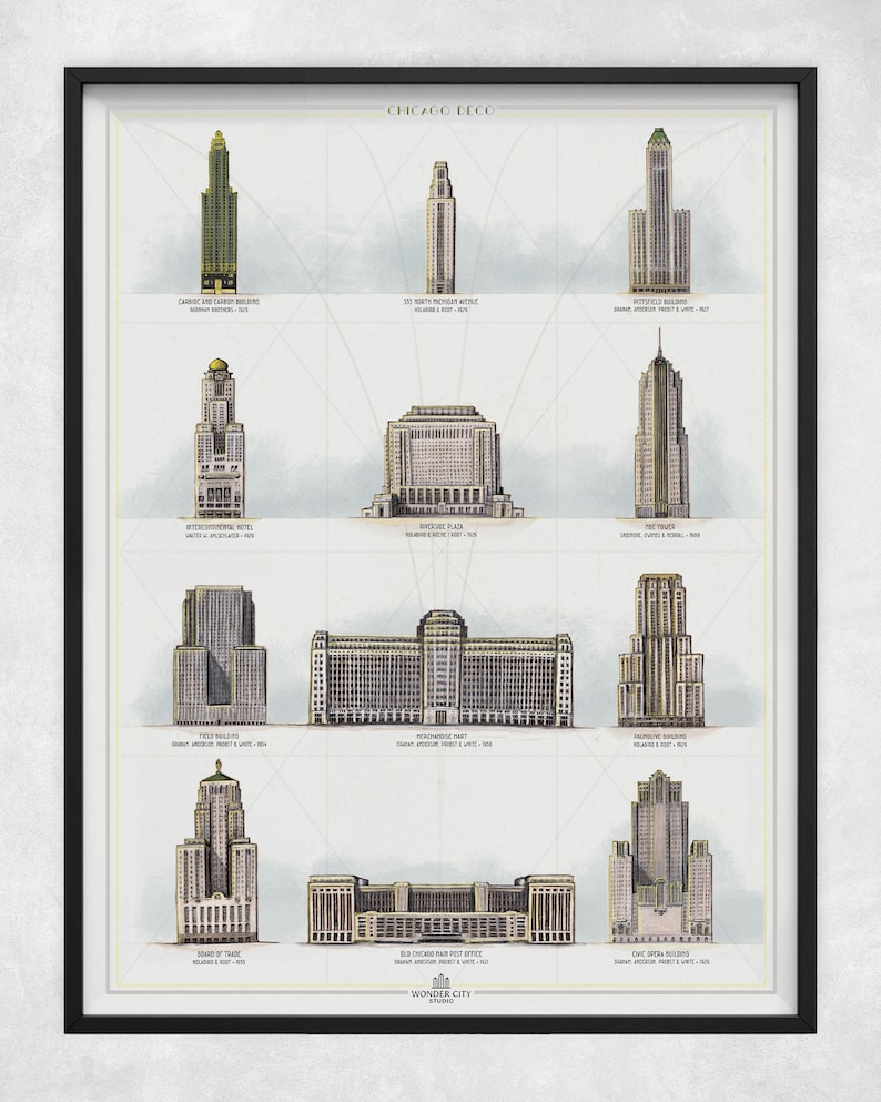 K&ouml;nnte beinhalten: Ein Vintage-Poster, das ikonische Art-Deco-Geb&auml;ude in Chicago, Illinois, zeigt. Das Poster zeigt Illustrationen von Geb&auml;uden wie dem Carbide and Carbon Building, dem 333 North Michigan Avenue und dem Wrigley Building. Das Poster tr&auml;gt den Titel "Chicago Deco" und enth&auml;lt den Text "Wonder City Towers".