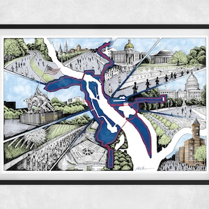 May include: A framed art print featuring a detailed illustration of Washington, D.C. landmarks. The artwork includes the Capitol Building, the Pentagon, and the Iwo Jima Memorial, with a blue and red map overlaying the city.