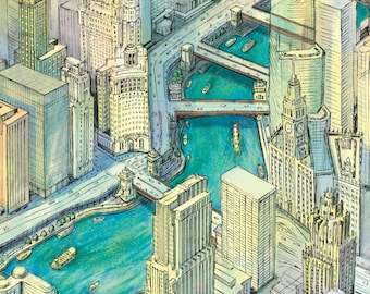 The Chicago River: Print | Illustrated poster of Chicago's Downtown Skyline and River