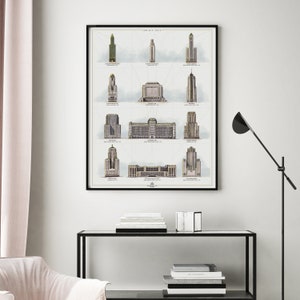 K&ouml;nnte beinhalten: Eine Schwarzwei&szlig;illustration von 12 Wolkenkratzern in Chicago, Illinois. Die Illustration tr&auml;gt den Titel "Chicago Skyline" und enth&auml;lt die Namen der einzelnen Geb&auml;ude und deren H&ouml;he.