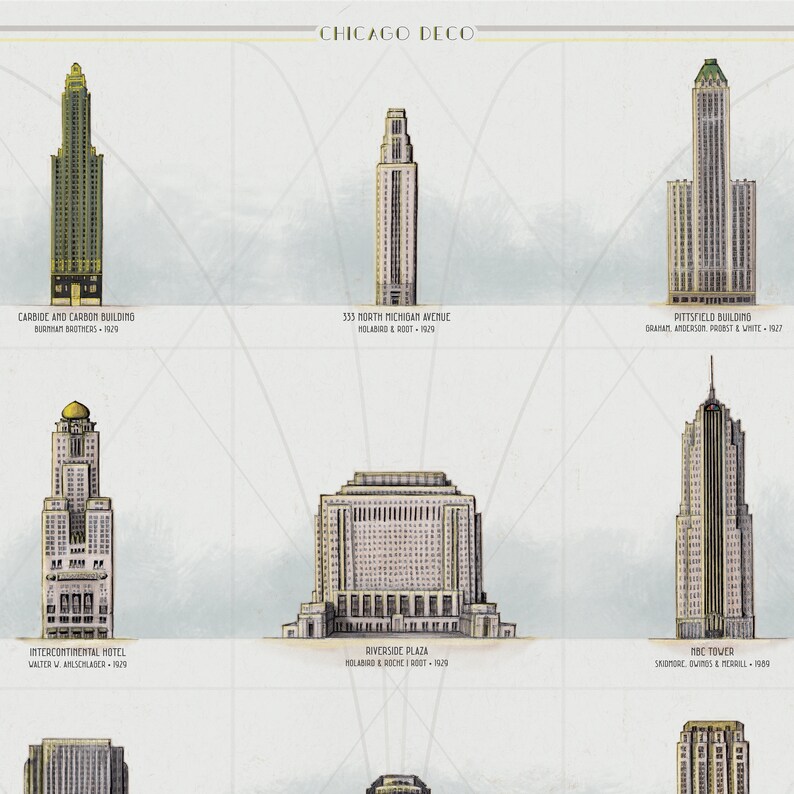 K&ouml;nnte beinhalten: Eine grafische Illustration von zehn Chicagoer Art-Deco-Geb&auml;uden, darunter das Carbide and Carbon Building, das 333 North Michigan Avenue, das Pittsfield Building, das Intercontinental Hotel, das Riverside Plaza und der NBC Tower. Jedes Geb&auml;ude ist mit seinem Namen, dem Architekten und dem Baujahr gekennzeichnet.