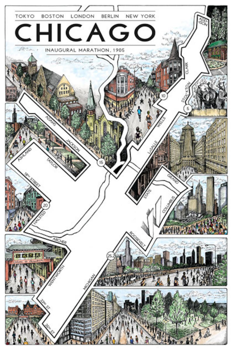 Chicago the Marathon Map Chicago Marathon Map Illustrated Etsy