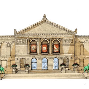 May include: An architectural illustration of the Art Institute of Chicago. The building is beige with a triangular pediment and arched windows. Two green lion statues flank the entrance. The text "The Art Institute of Chicago" is visible.