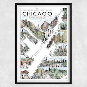 May include: Black framed print of a Chicago map with the word "CHICAGO" at the top. The map shows the route of the Inaugural Marathon in 1905. The print includes illustrations of buildings and streets.