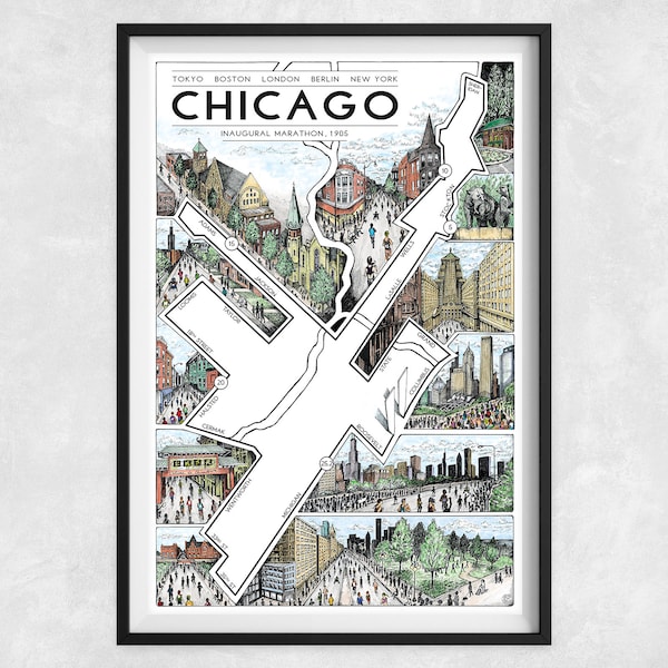 Chicago: The Marathon Map | Chicago Marathon map | Illustrated marathon map | Marathon art | Chicago marathon gift