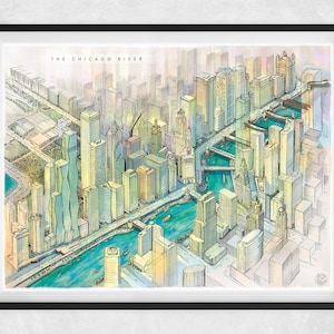 El río Chicago: Impresión/póster ilustrado del horizonte del centro de Chicago y el río