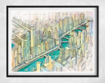 The Chicago River: Print | Illustrated poster of Chicago's Downtown Skyline and River