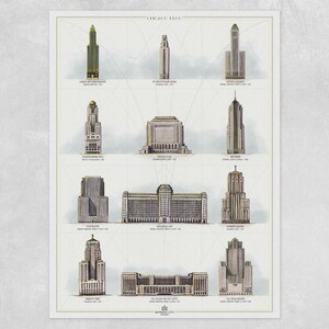 K&ouml;nnte beinhalten: Eine Vintage-Illustration von zehn Art-Deco-Geb&auml;uden in Chicago, Illinois. Die Geb&auml;ude sind in einem hellgrauen, braunen und wei&szlig;en Farbschema dargestellt. Der Titel "Chicago Deco" befindet sich oben im Bild. Der Text "Wonder City" befindet sich unten im Bild.