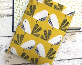 LAST CHANCE Retro Birds Book Buddy, Yellow Padded Book Sleeve, Bright Nesting Book Gift, Bookstagram Props, Tail Feather Book Cover