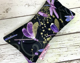 Twilight Dragonflies Glasses Case, Unique Sunglasses Pouch, Metallic Gold Cushioned Specs Bag, Outdoor Accessories, Dragonfly Gifts