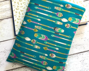 Metallic Adventure Book Buddy®, Custom Size Book Sleeve, Book Gift for Her, Teal Gold Arrows Book Bag, Romance Book Pouch, Bookish Gifts