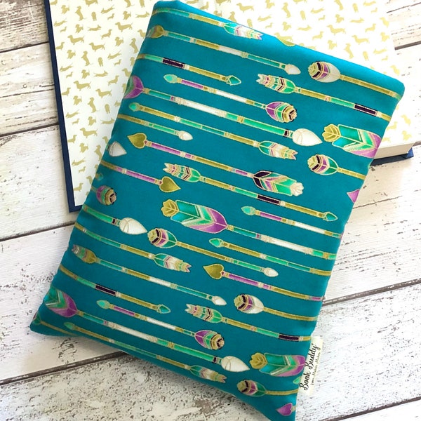 Metallic Adventure Book Buddy®, Custom Size Book Sleeve, Book Gift for Her, Teal Gold Arrows Book Bag, Romance Book Pouch, Bookish Gifts