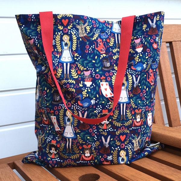 Alice in Wonderland Tote Bag, Metallic Alice Shopping Bag, Navy Cotton Bag, Ethical Shopper, Summer Accessories