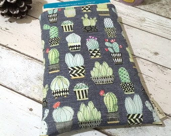 Cactus Book Cover, Grey Green Book Buddy®, Bookish Gift, Charcoal Cacti Book Sleeve, Padded Book Bag, Book Lover Gift, Mint Green