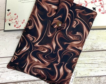 Chocoholic Book Buddy®, Chocolate Swirl Book Sleeve, Book Gift for Her, Black Brown Book Bag, Padded Book Lovers Pouch, Gifts for Bookworms