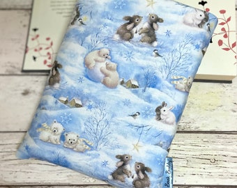 LAST CHANCE Scenic Woodland Book Sleeve, Cute Baby Animals Book Buddy, Winter Forest Reader Gift, Bunnies and Polar Bears, Snowy Book Pouch