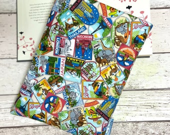 Beautiful World Book Buddy, Travel Labels Book Cover, Bookish Reader Gift, Bookstagram Accessories, Padded Book Pouch, Vacation Book Bag