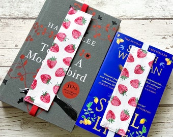 Strawberry Elastic Bookmark, Polka Dot Reversible Fabric Bookmark, Fun Cotton Page Marker, Book Lover Accessories, Bookstagram Props