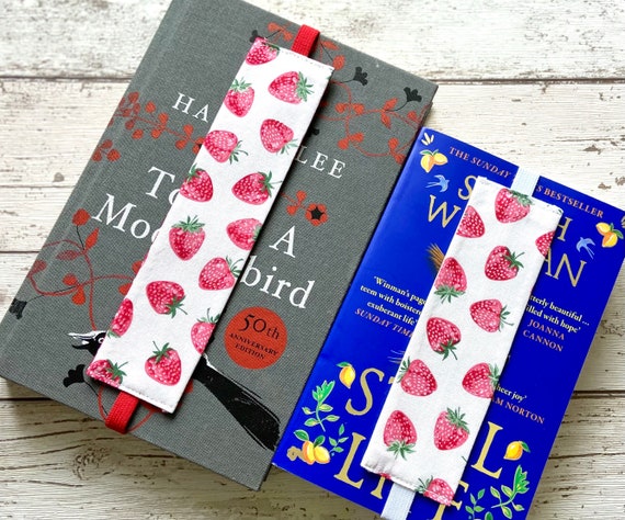 Strawberry Elastic Bookmark: Reversible Cotton Fabric Page Marker
