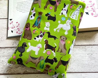 Furry Friends Book Buddy, Padded Book Sleeve, Dog Lover Book Gift, Choose your Size Book Cover, Green Puppy Book Pouch, Bookish Accessories