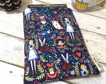 Metallic Alice Book Buddy®, Custom Size Book Sleeve, Book Gift for Her, Navy Wonderland Book Bag, Padded Book Pouch, Gifts for Bookworms