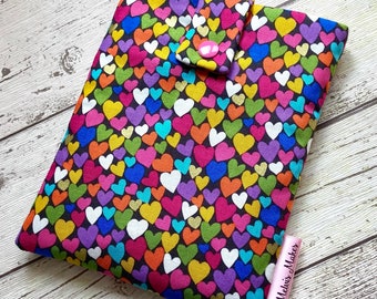 Rainbow Hearts Kindle Case, Love Reading eReader Sleeve, Travel Oasis, Voyage, Fire HD, Paperwhite Cover. Padded Tablet Pouch, eBook Bag