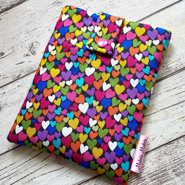 Rainbow Hearts Kindle Case, Love Reading eReader Sleeve, Travel Oasis, Voyage, Fire HD, Paperwhite Cover. Padded Tablet Pouch, eBook Bag