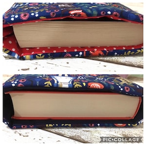 May include: A fabric book sleeve featuring a dark blue background with a colourful floral and character pattern. The top image shows a red lining with white polka dots, while the bottom image shows a solid dark blue lining holding a thick paperback book.