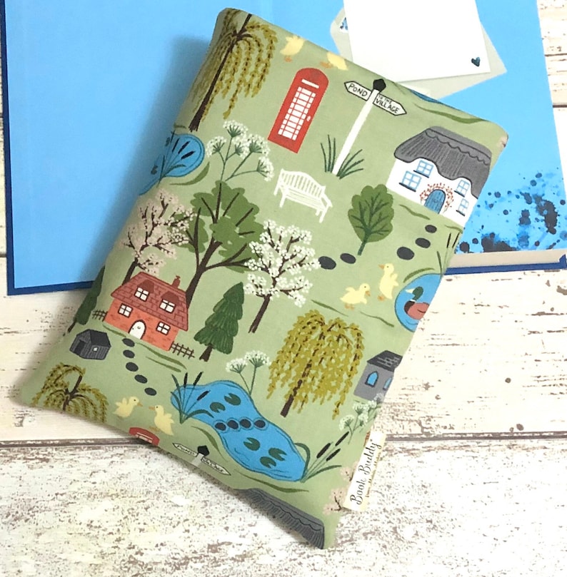 Country Village Book Buddy, Spring Book Cover, Book Lover Gift, British Countryside Book Sleeve, Paperback Pouch, Pond Book Cover image 1