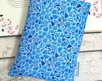 Tea Time Book Buddy, Custom Size Book Sleeve, Blue Book Gift, Tea Party Book Bag, Padded Book Pouch, Reader Gift for Her