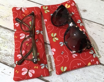 Happy Butterfly Glasses Case, Slim or Wide Size, Pretty Sunglasses Pouch, Soft Specs Bag, Gift for Her, Padded Reading Glasses Holder