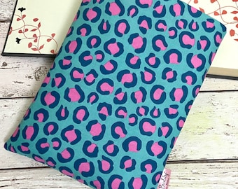 Neon Jungle Book Buddy, Leopard Spots Book Cover, Book Lover Gift, Wildlife Book Sleeve, Animal Print Book Cover, Pink Teal Bookworm Bag