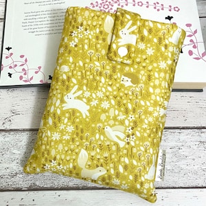 Spring Animal Book Buddy, Yellow Fox Book Cover, Rabbit Book Lover Gift, Woodland Book Sleeve, Nature Book Pouch, Hedgehog Book Cover