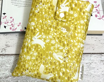 Spring Animal Book Buddy, Yellow Fox Book Cover, Rabbit Book Lover Gift, Woodland Book Sleeve, Nature Book Pouch, Hedgehog Book Cover